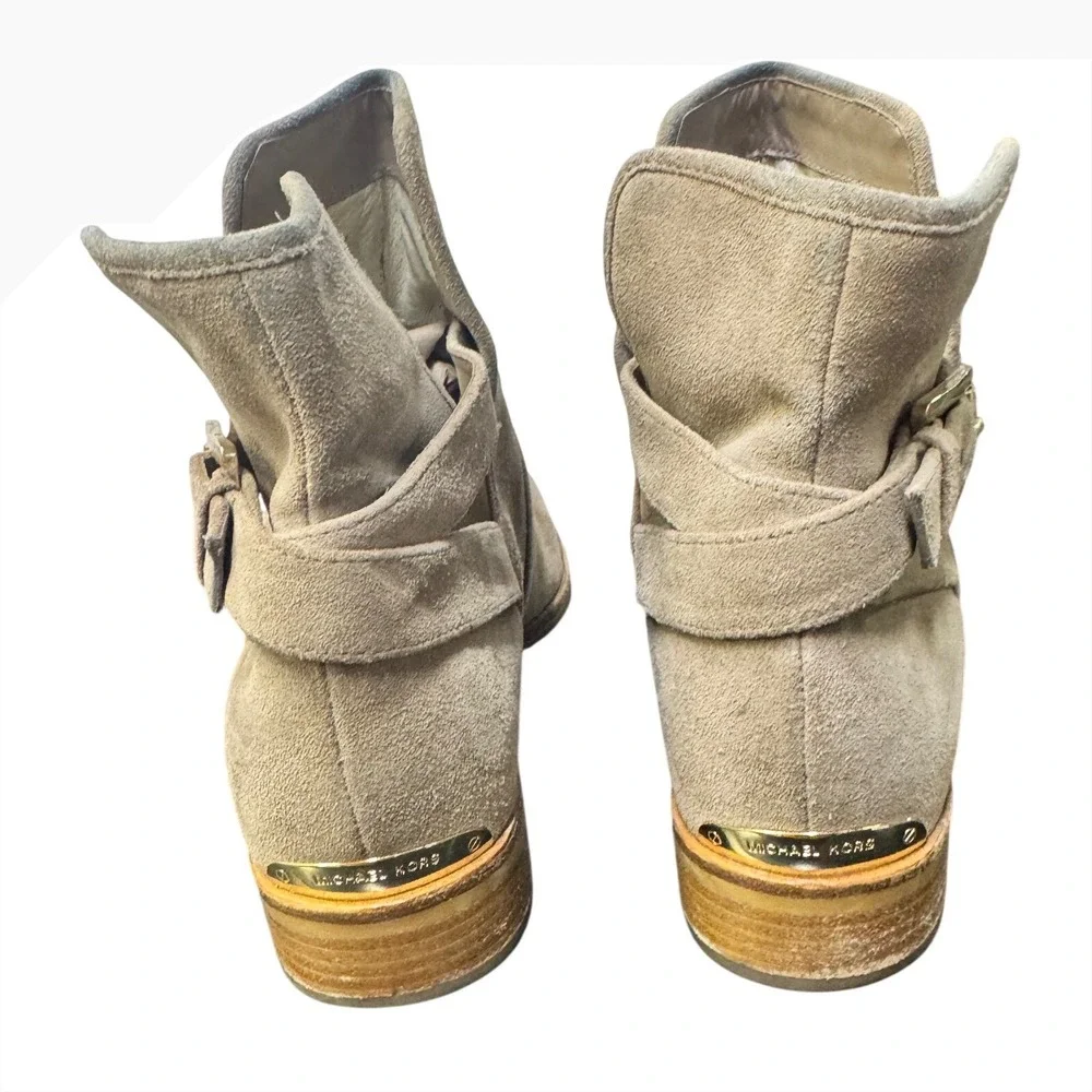 Michael Kors Taupe Suede Ankle Boots Buckle Strap Low Heel Booties Womens 8M